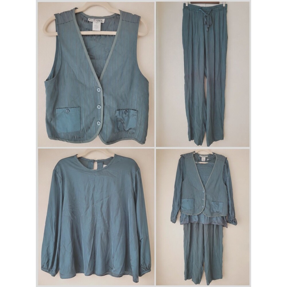 K.T. McKenzie VTG Women 3pc Outfit Set 14 Green/Blue Striped Blouse Vest USA